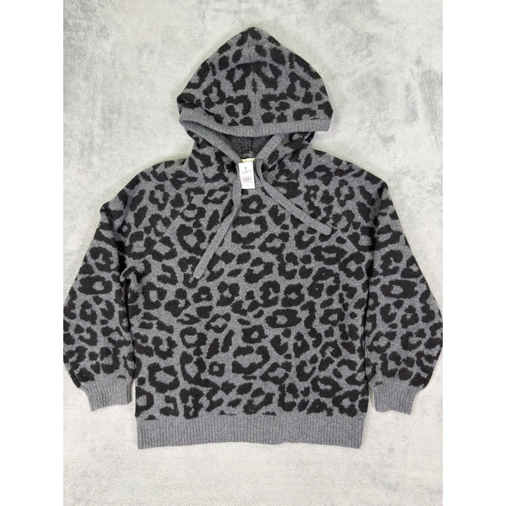 New Loft Sweater Womens XL Black Gray Leopard Print Long Sleeve Hooded Pullover‎